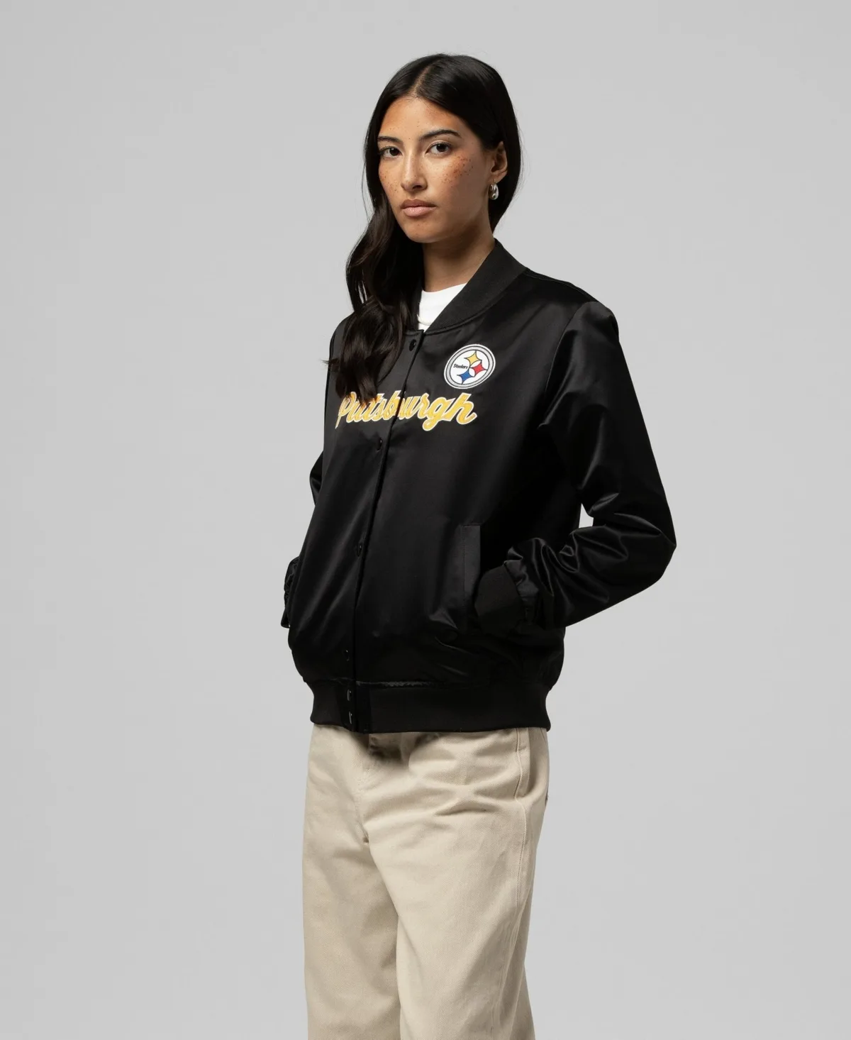 Satin Full-Snap Bomber Jacket by Mitchell & Ness