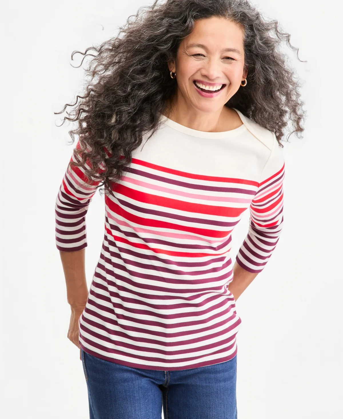 Printed Pima Cotton 3/4-Sleeve Boat-Neck Top