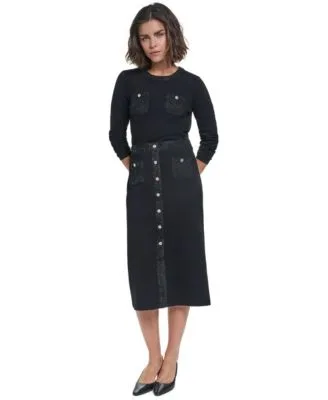 Karl Lagerfeld Paris Long Sleeve Crewneck Button Pocket Blouse Midi Pencil Skirt by Karl Lagerfeld