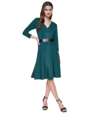 V Neck 3/4 Sleeve Fit Flare Dress by DKNY
