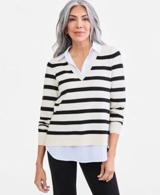 Two Fer Striped V Neck Sweater by Style & Co