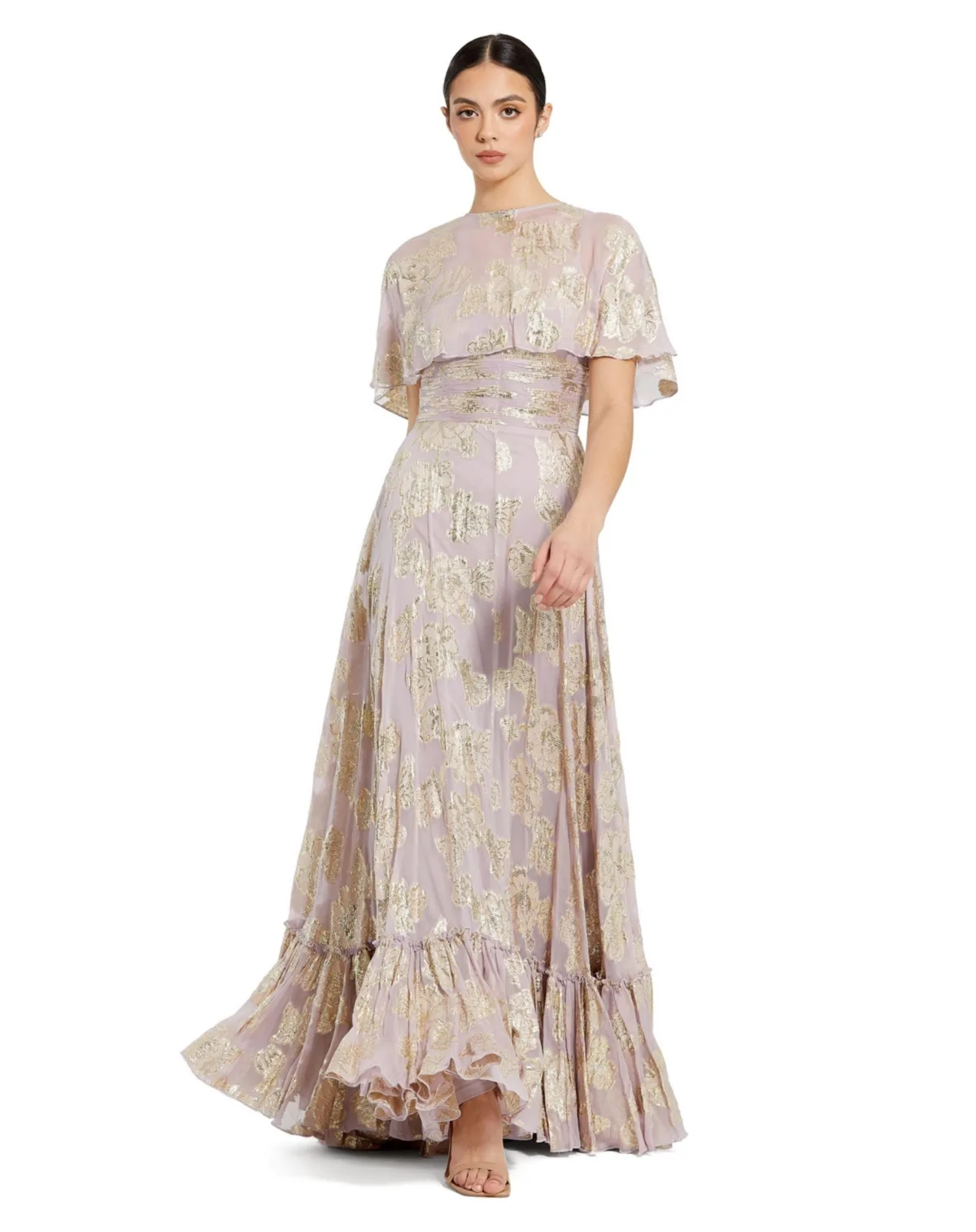 Mac Duggal Floral Print High Neck Cape Sleeve a Line Gown by M.A.C.