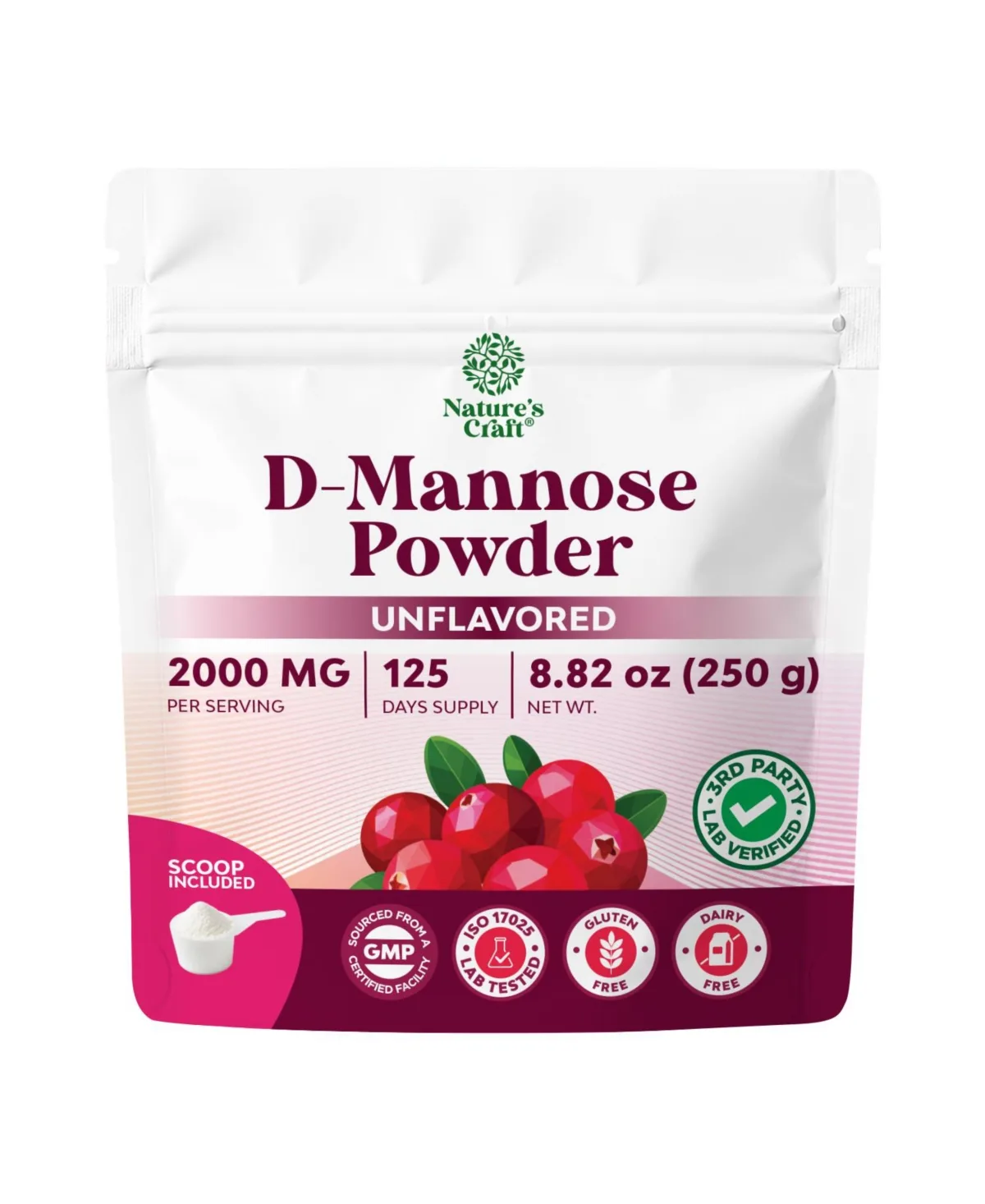 D-Mannose Powder, Unflavored, 2g Per Serving, 8.82 oz (250g) by Natures Craft