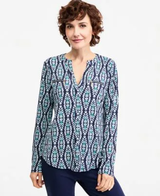 Printed V Neck Zipper Pocket Knit by JM Collection