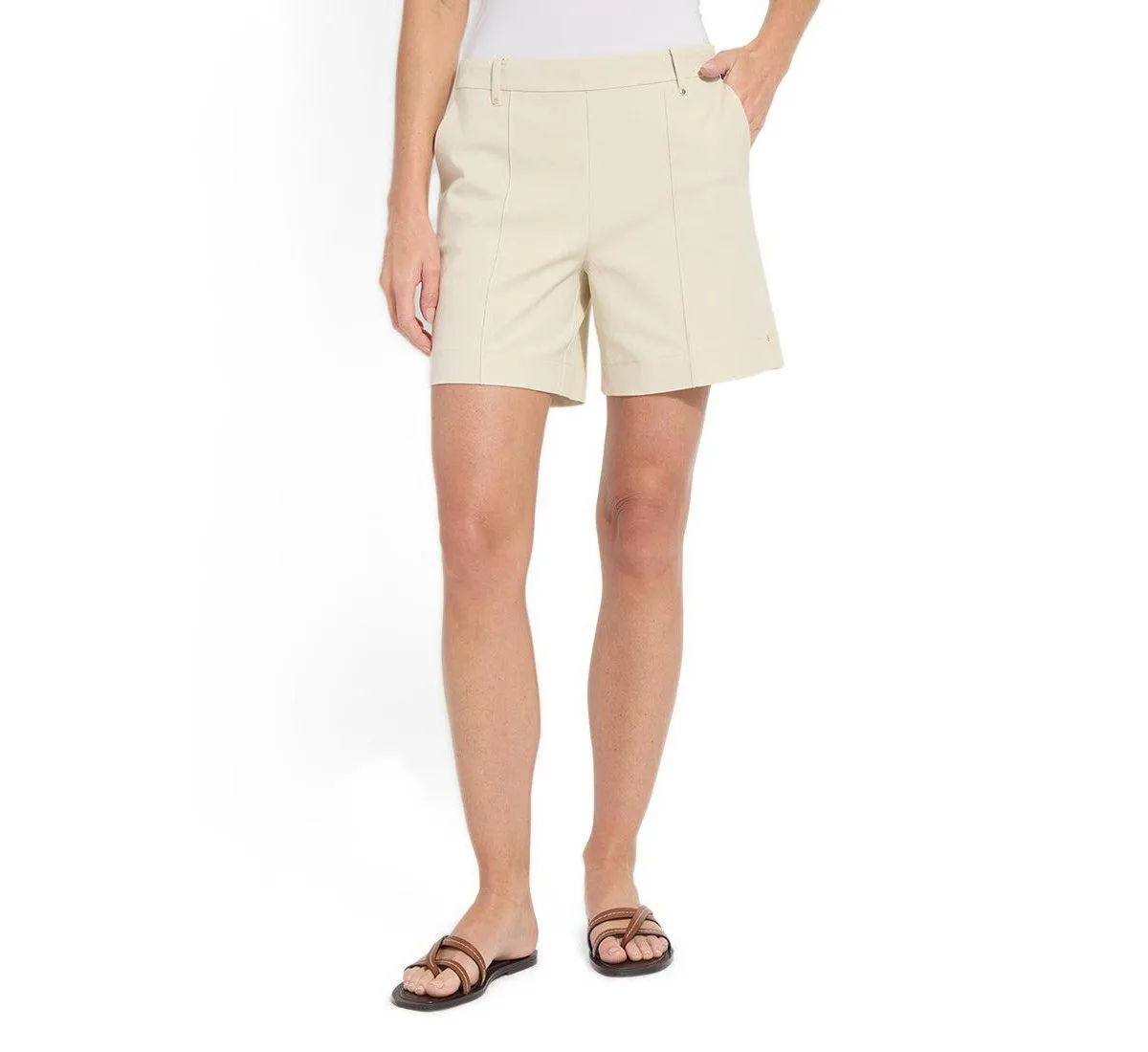 Amanda Pull-On Mid-Rise Stretch-Twill Shorts, 6" Inseam