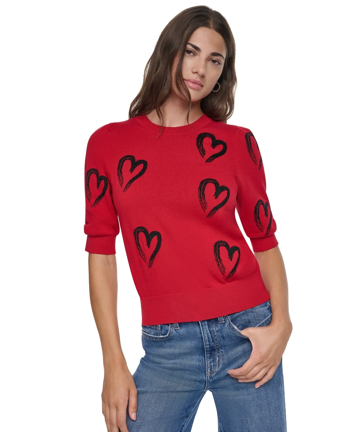 Mini Hearts Crewneck Elbow-Sleeve Sweater