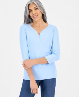 Cotton 3/4 Sleeve Henley Tee by Style & Co