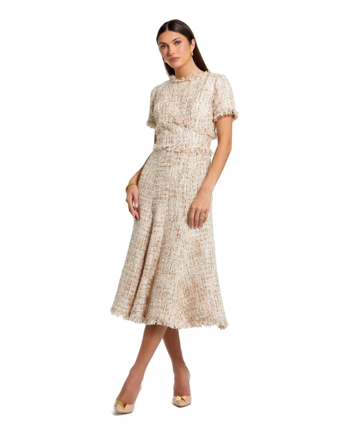 Boucle Short Sleeve a Line Midi Dress