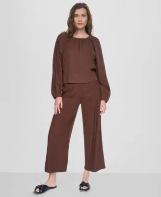 Jeans Raglan Long Sleeve Shirred Neckline Top High Rise Cropped Wide Leg Pants by DKNY