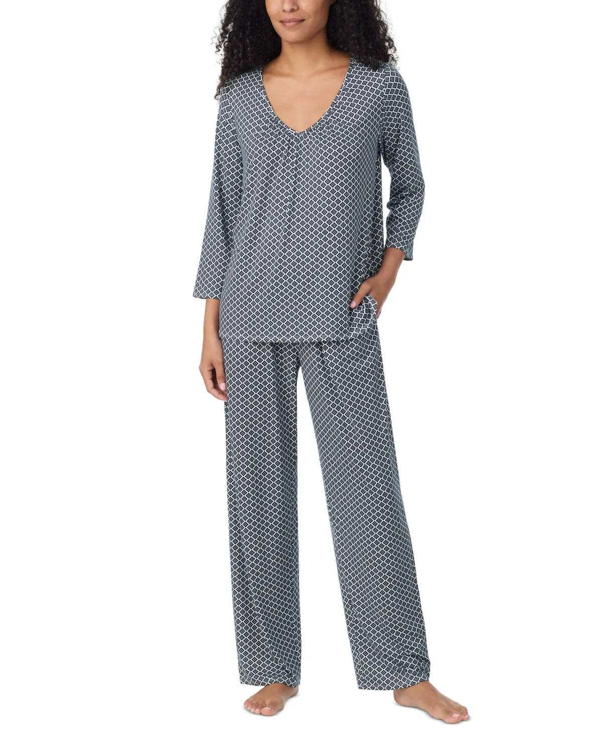 V-Neck 3/4 Sleeve Top and Pants, 2-Piece Pajama Set