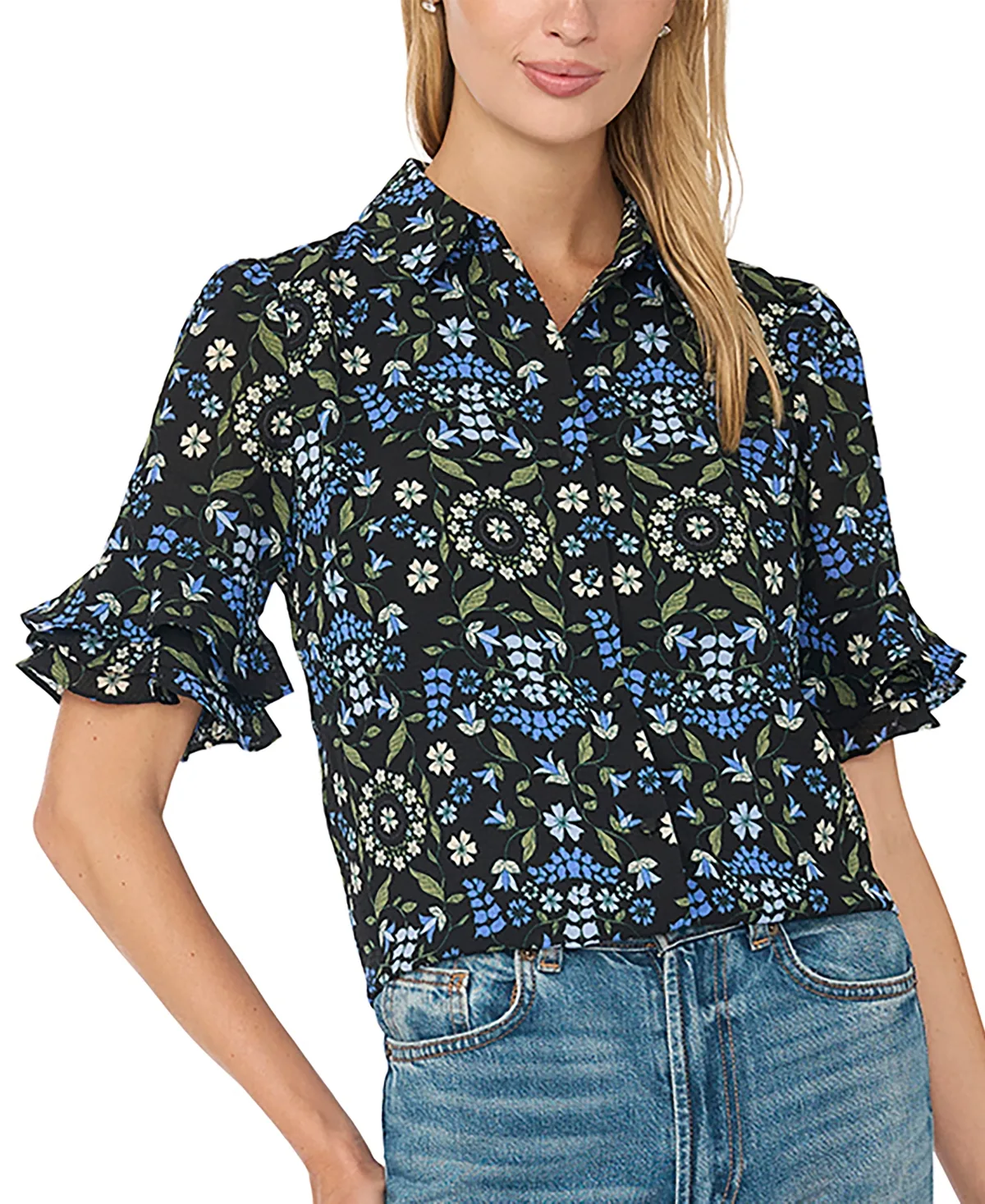 Double-Ruffle Floral-Print Short-Sleeve Button-Down Shirt by CeCe