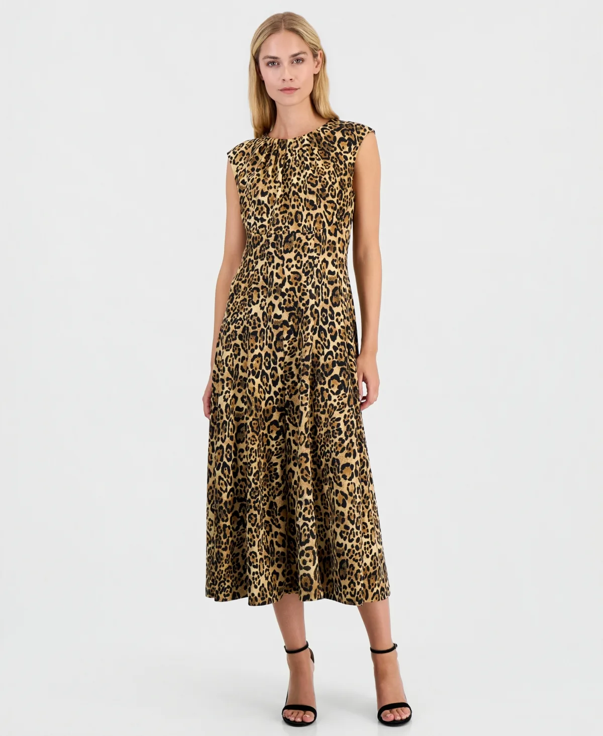 Leopard-Print A-Line Sleeveless Midi Dress by Anne Klein