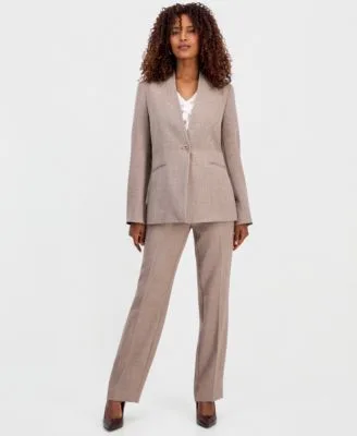 Collarless Melange Jacket Sleeveless Ruffle Front Blouse Straight Leg Pants by Kasper