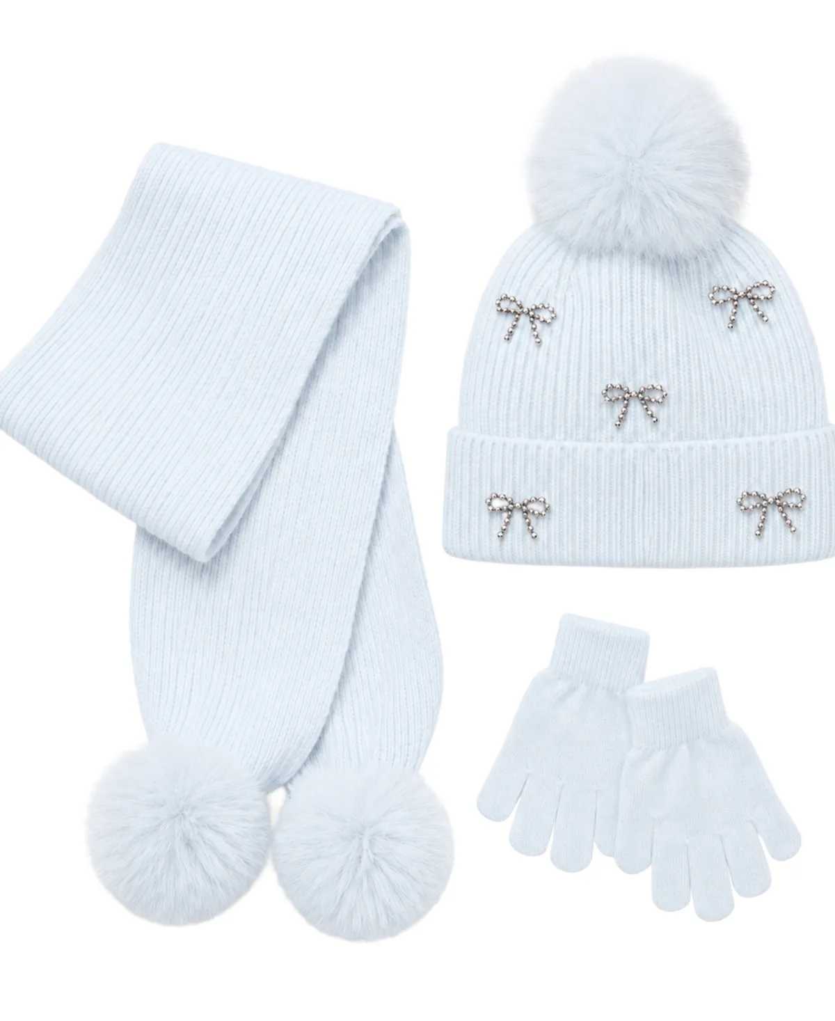 Bow Pom-Pom Ribbed Knit Beanie Hat, Scarf and Gloves, 3-Piece Set by Rainbow
