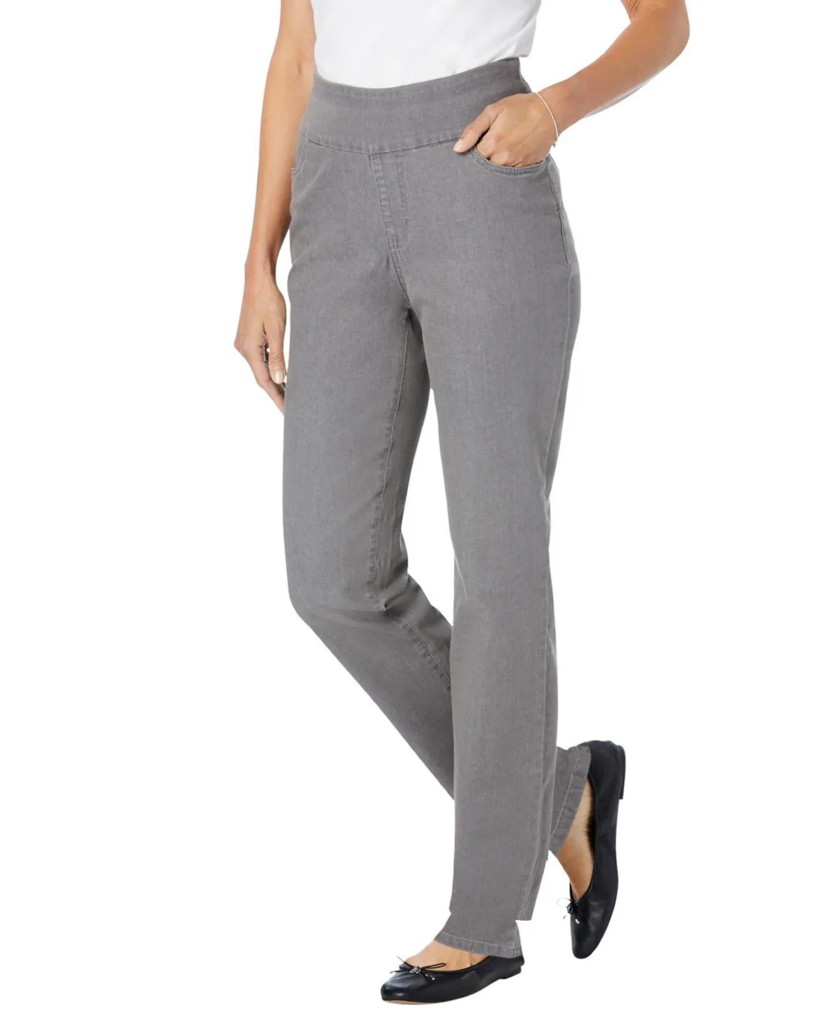 Flex-Fit Pull-On Straight-Leg Gap-Free Stretch Denim Jeans by Woman Within