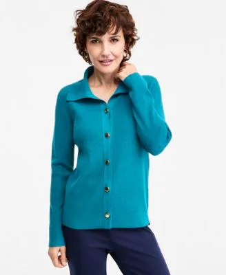 Button Collared Ribbed Knit Cardigan by JM Collection