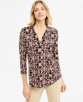 Printed 3/4 Sleeve V Neck Knit Top by JM Collection