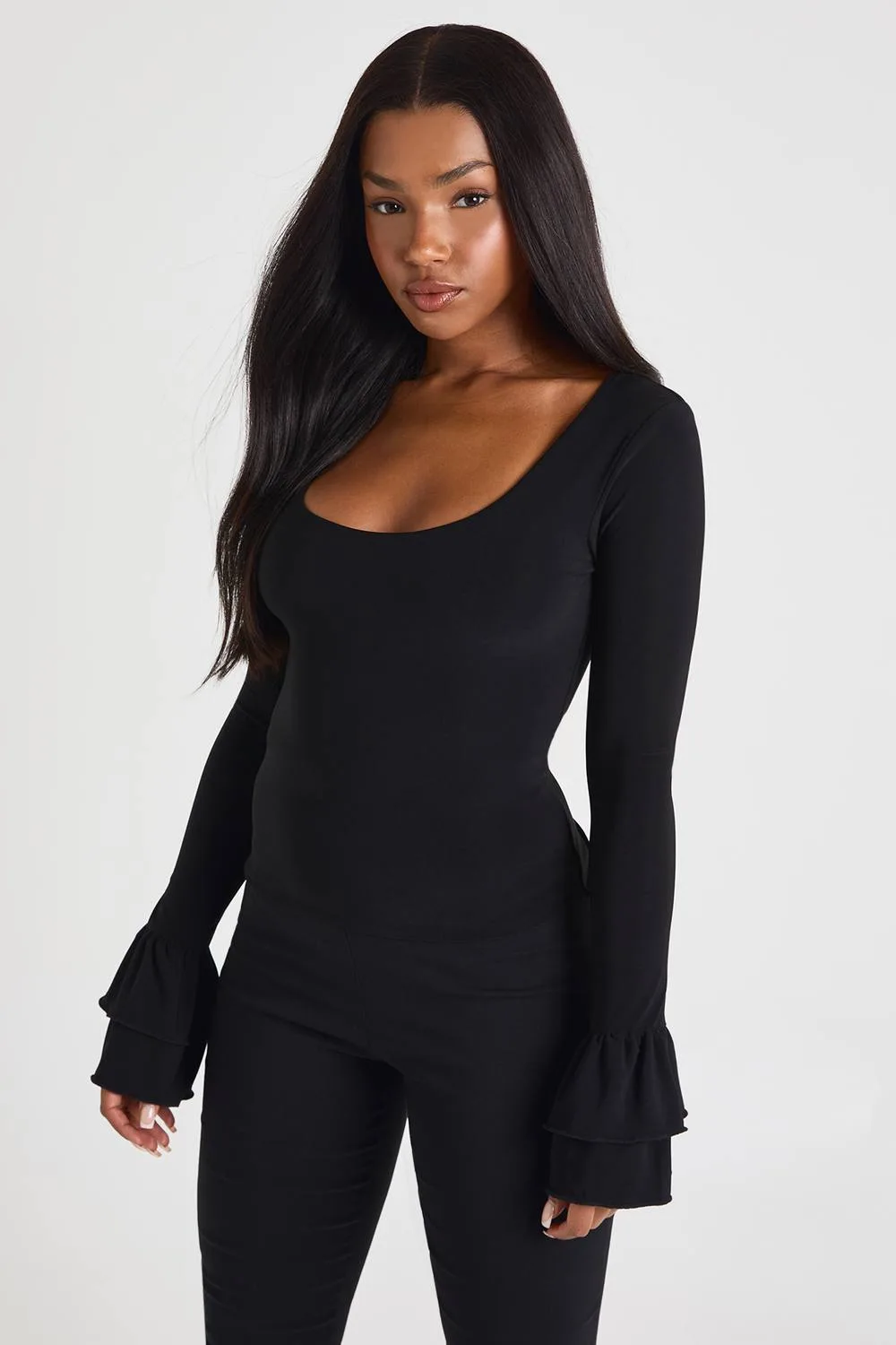 Slinky Scoop Neck Bell Sleeve Top by boohoo