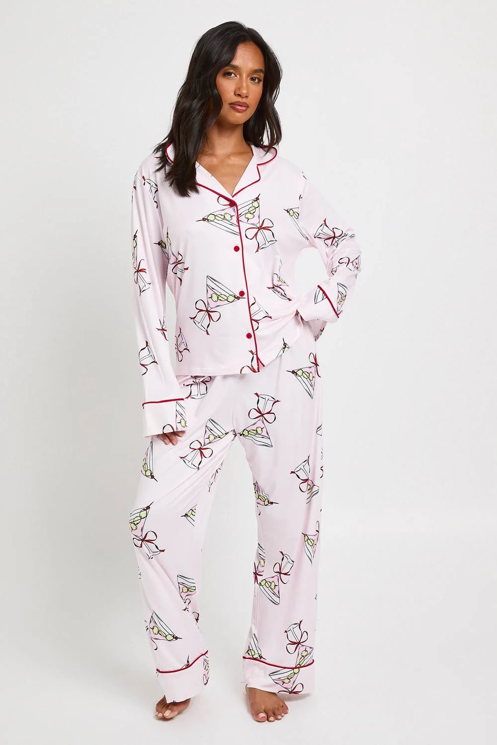 Martini Print Piping Detail Long Sleeve & Trouser Pyjama Set by boohoo