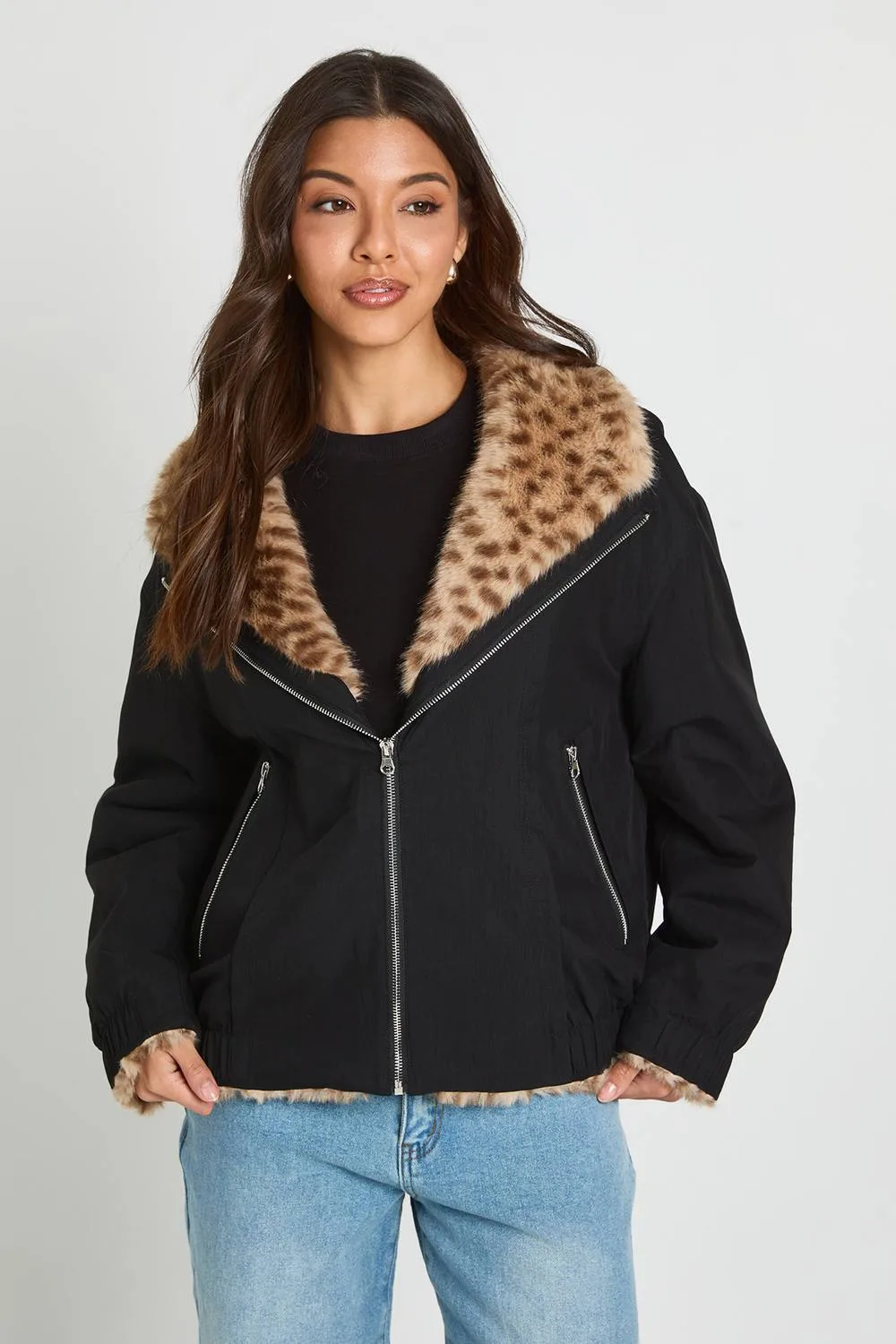 Leopard Faux Fur Trim Oversized Bomber Jacket by boohoo