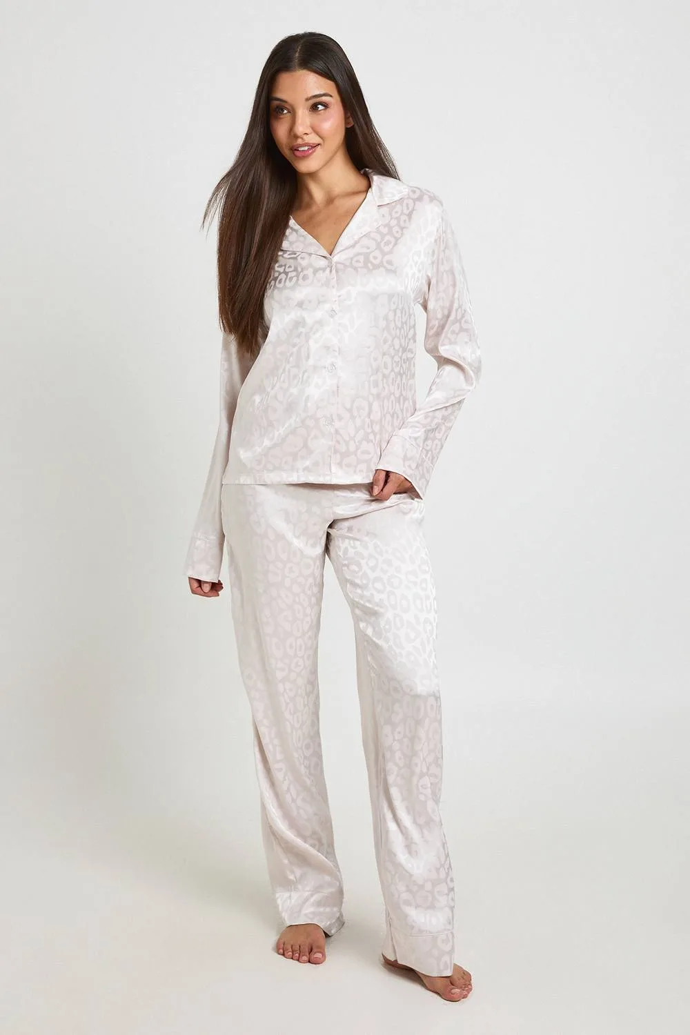 Leopard Jacquard Satin Long Sleeve Shirt & Trouser Pyjama Set by boohoo