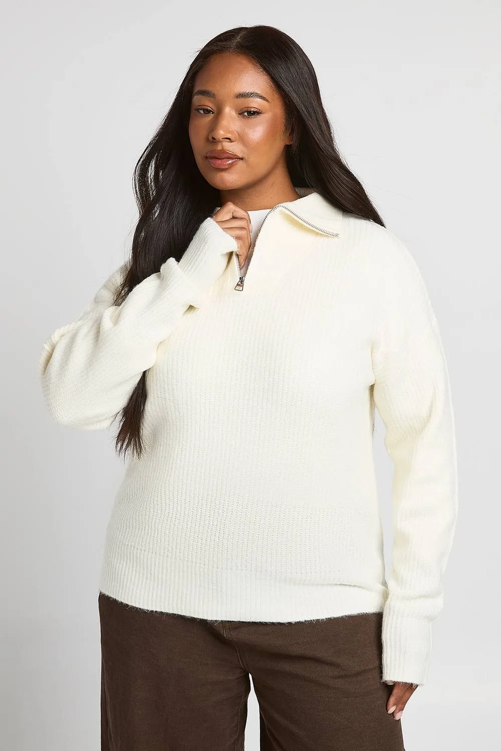 Chunky Knit Oversized Zip Neck Jumper by boohoo