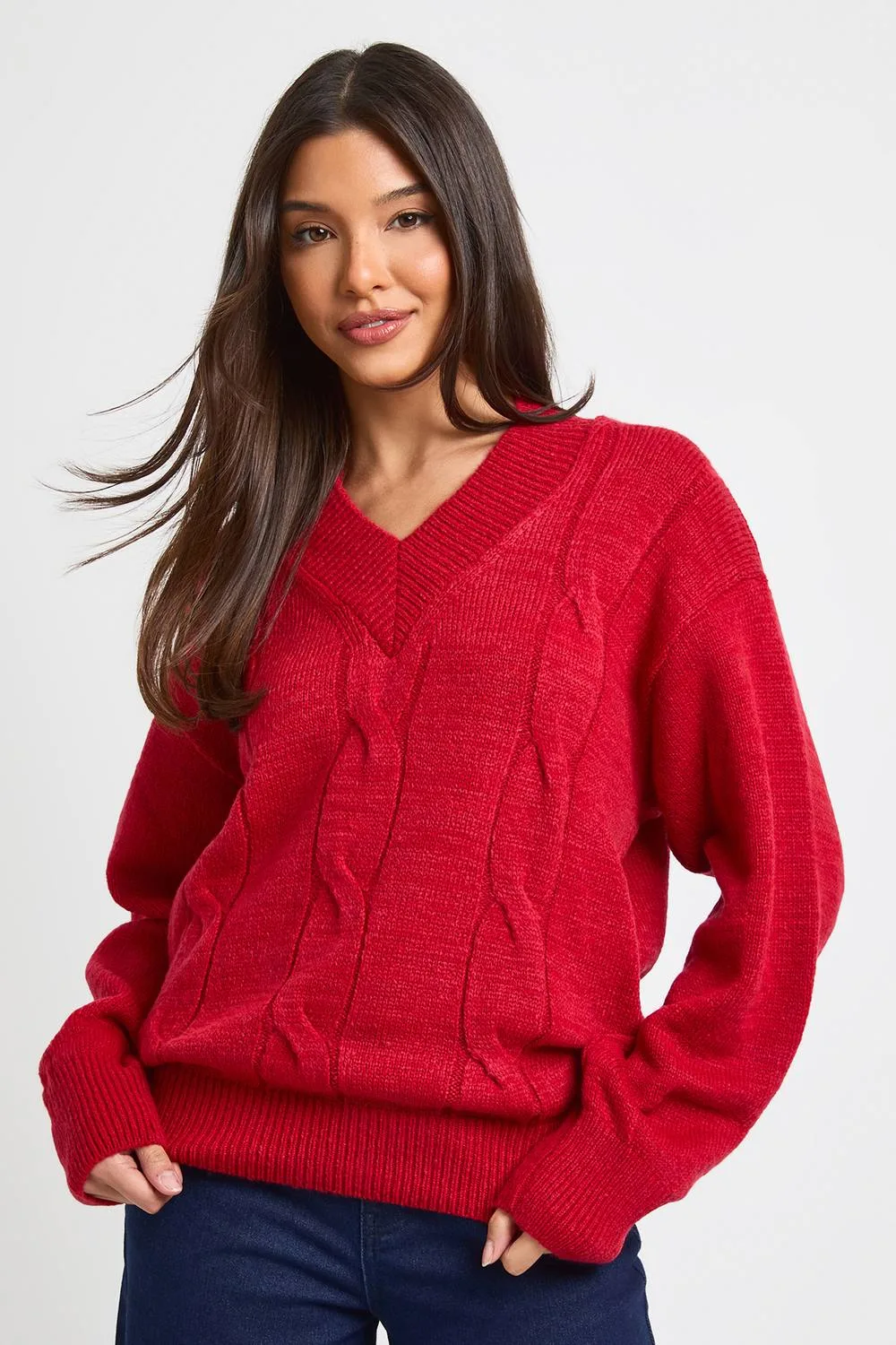 Soft Knit Cable V Neck Jumper by boohoo