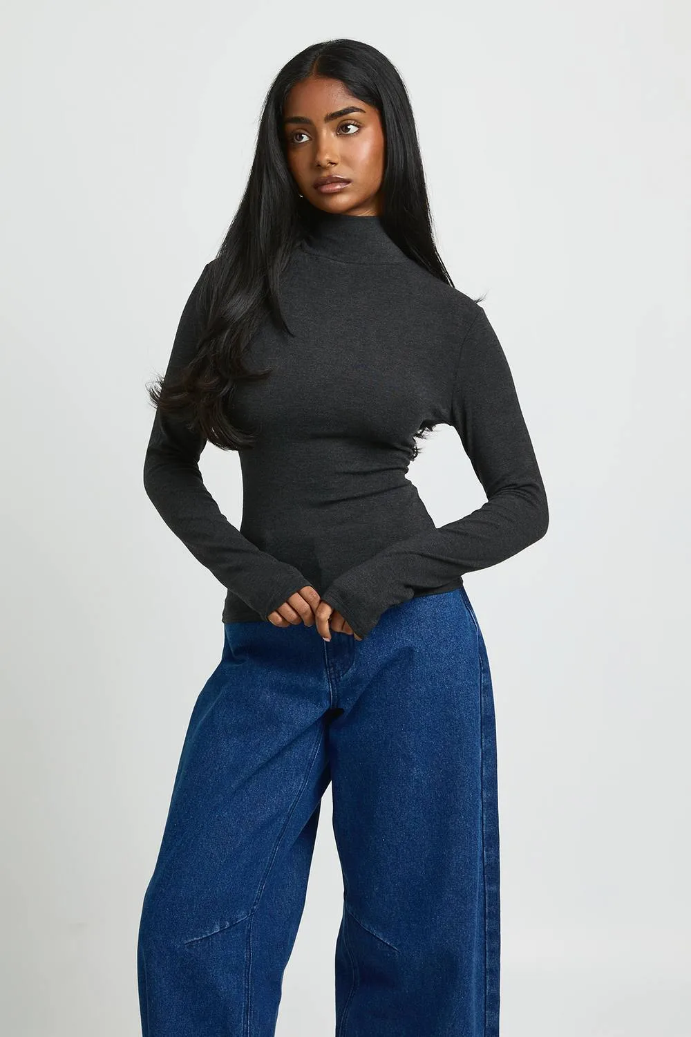Ultra Soft Jersey Knit Roll Neck Long Sleeve Top