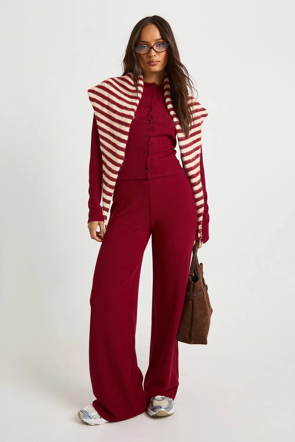 Rib Button Through Long Sleeve Top & Wide Leg Trouser Co-Ord