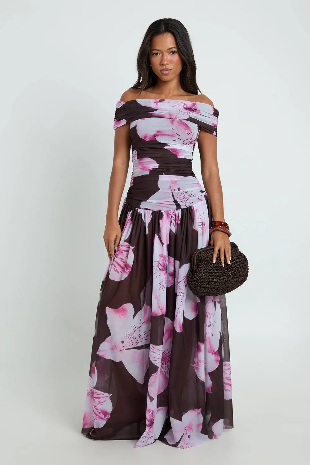 Printed Stretch Chiffon Bardot Maxi Dress by boohoo