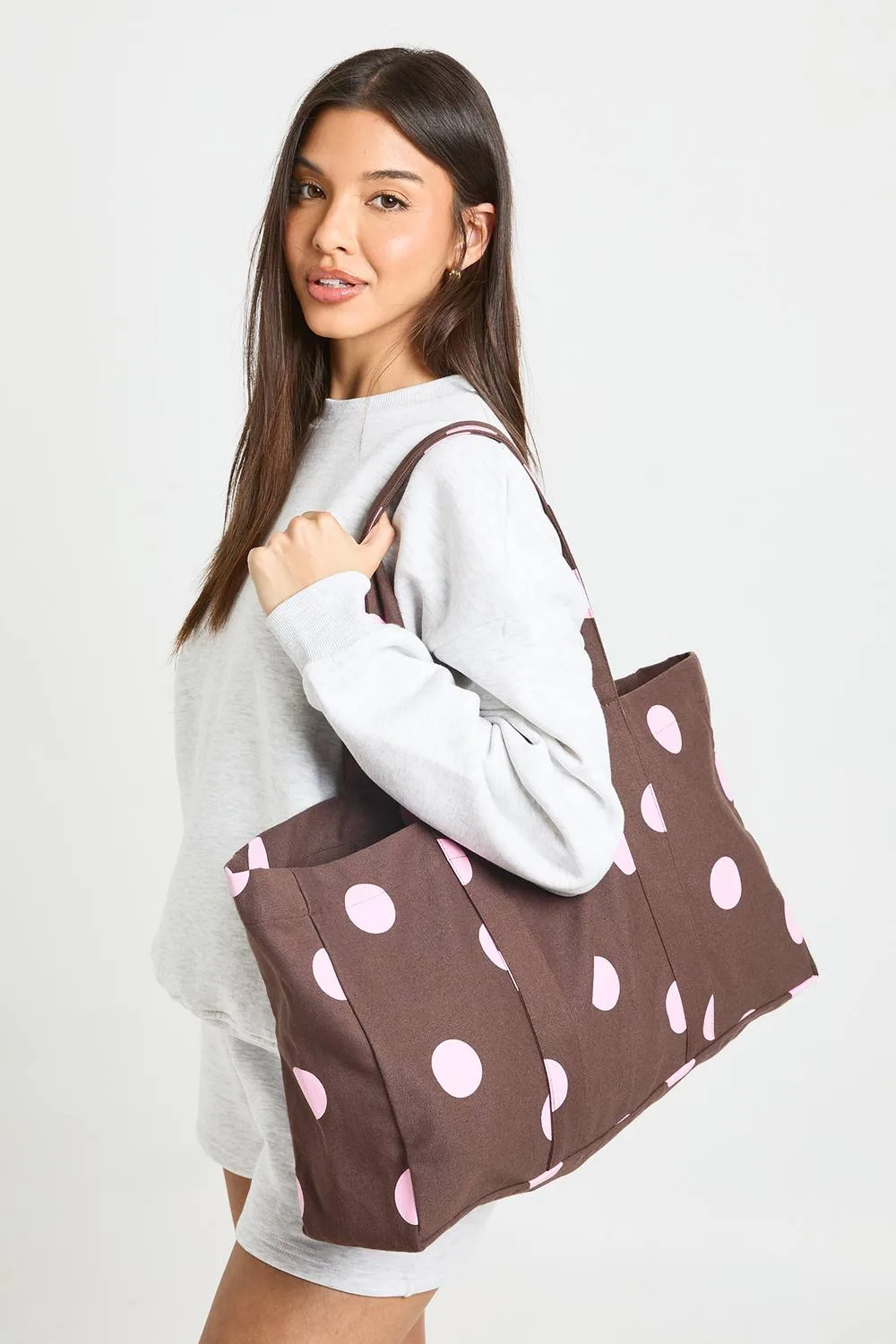 Polka Dot Detail Canvas Tote Bag by boohoo