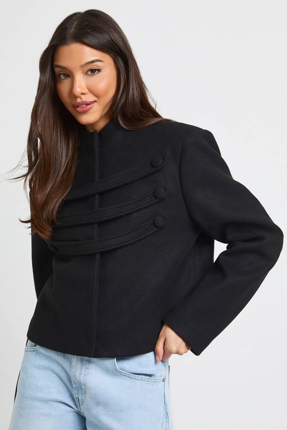 Military Detail Wool Look Jacket by boohoo