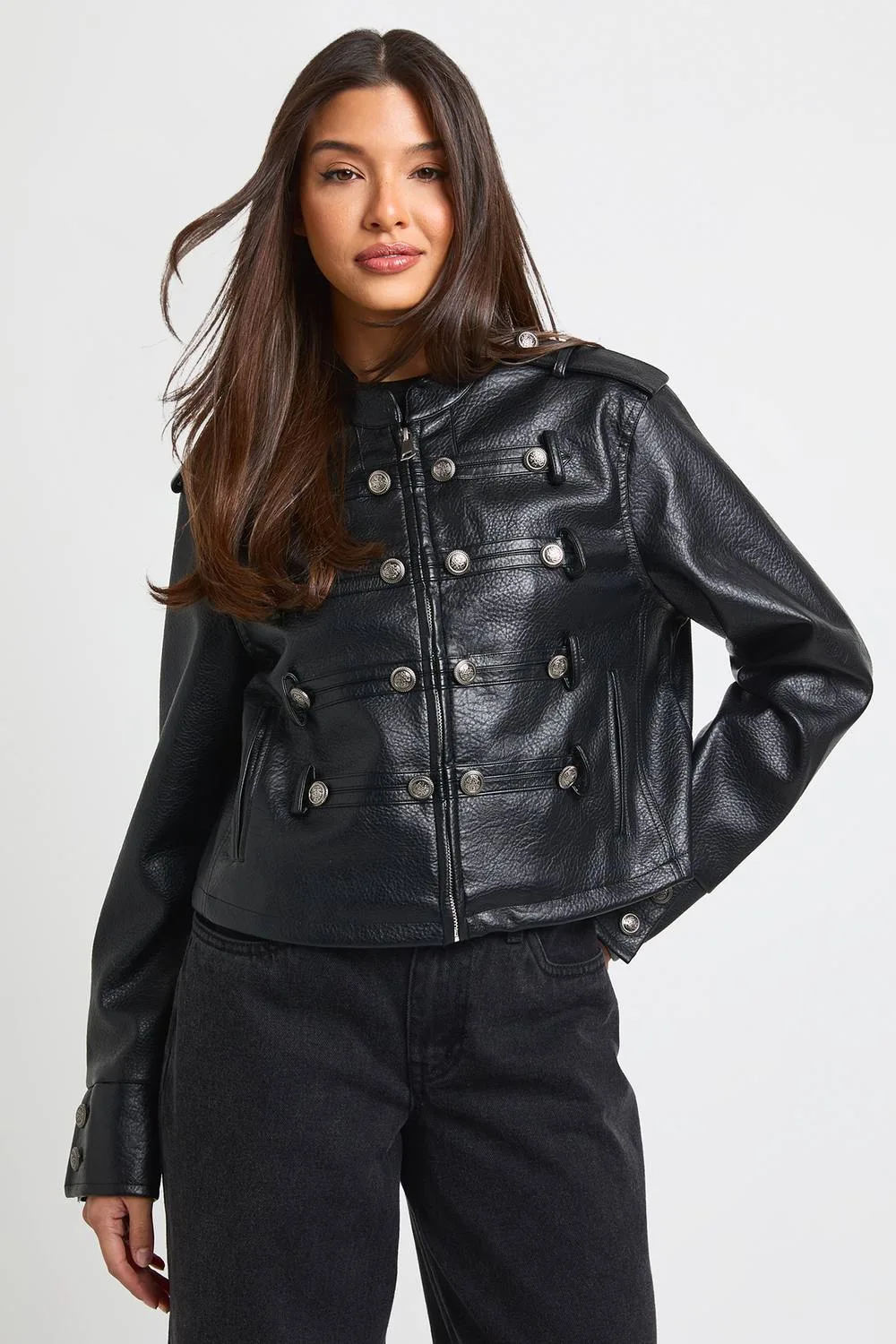 Military Button Detail Faux Leather Jacket by boohoo
