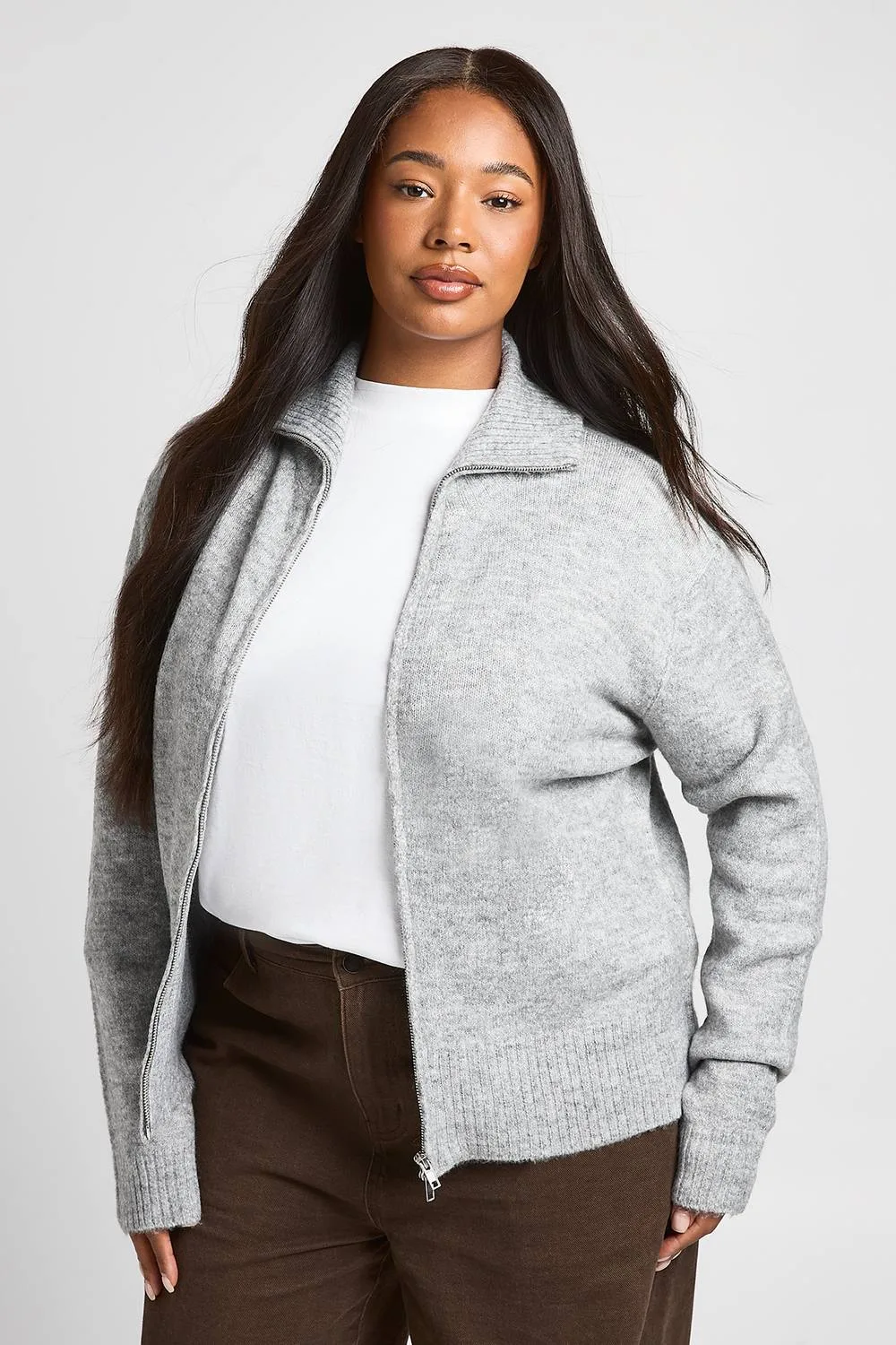 Soft Knit Zip Through Knitted Jumper by boohoo