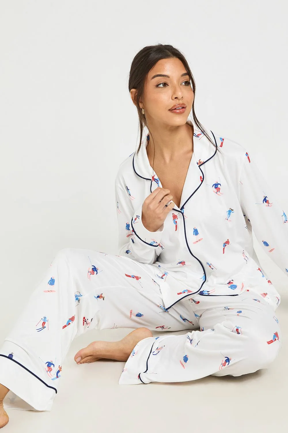 Winter Skiing Print Piping Detail Long Sleeve & Trouser Pyjama Set