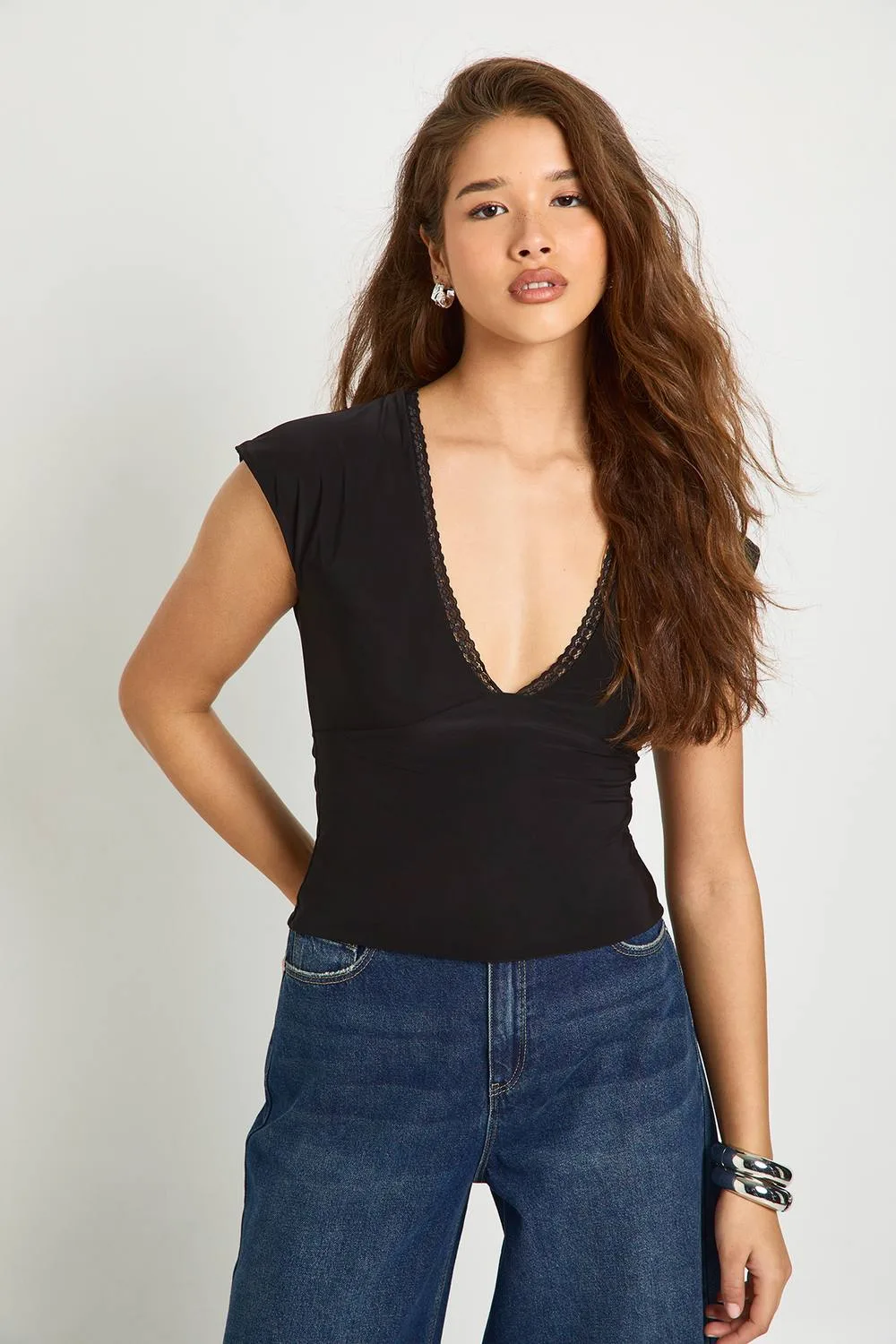 Double Layer Slinky Plunge Front Lace Trim Top by boohoo
