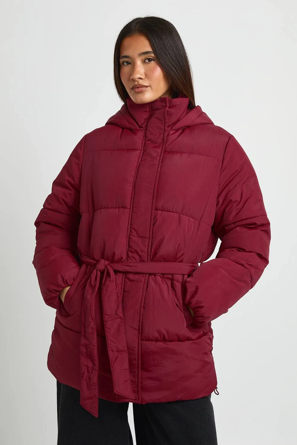 Hooded Belted Puffer Jacket by boohoo