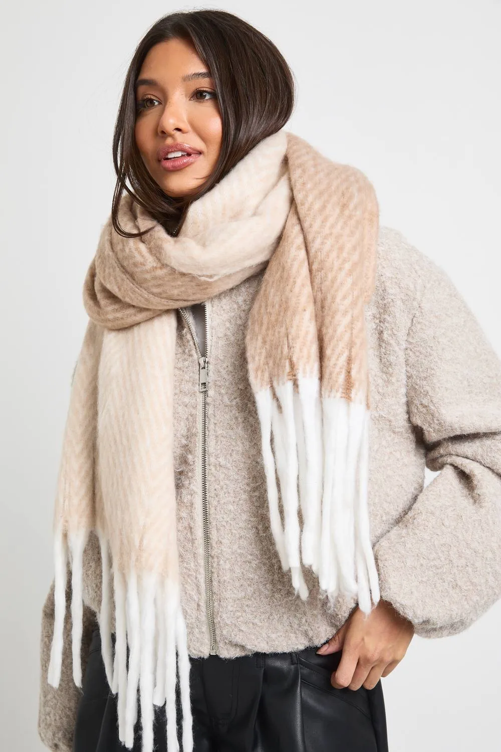 Herringbone Tassel Fluffy Scarf by boohoo