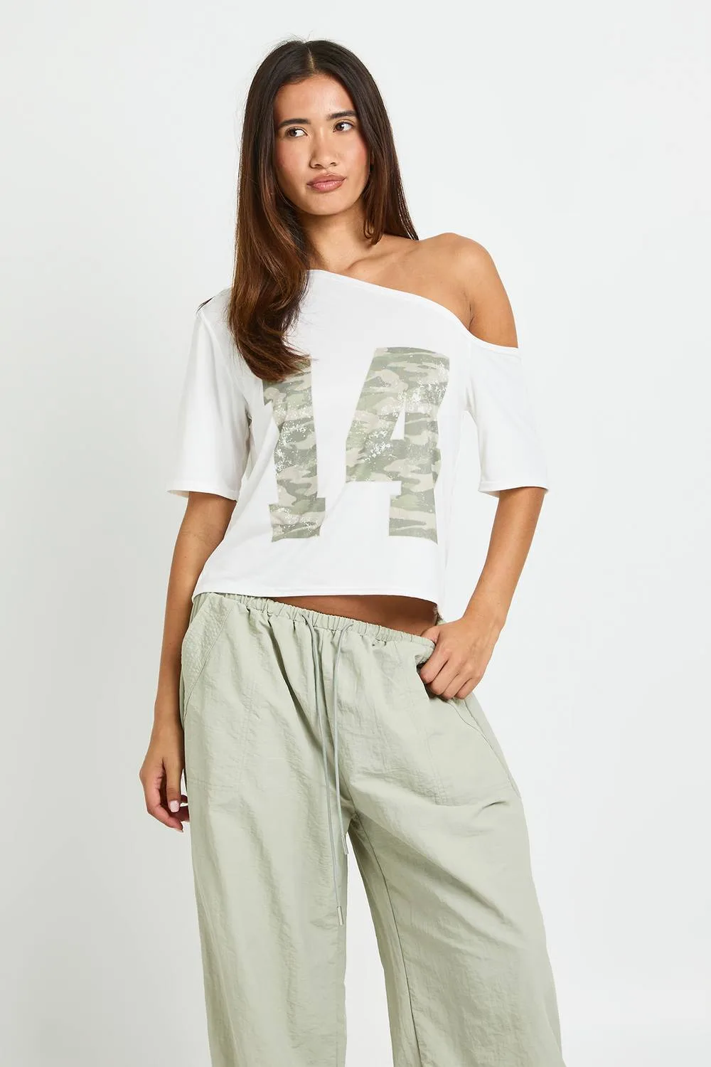 Camo Print Varsity Off-The Shoulder T-Shirt by boohoo
