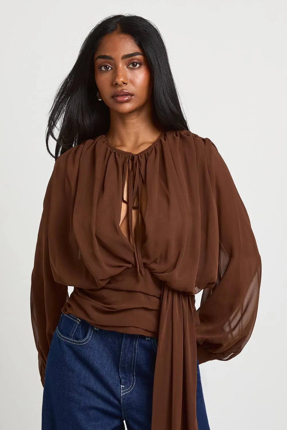 Draped Chiffon Plunge Blouse by boohoo