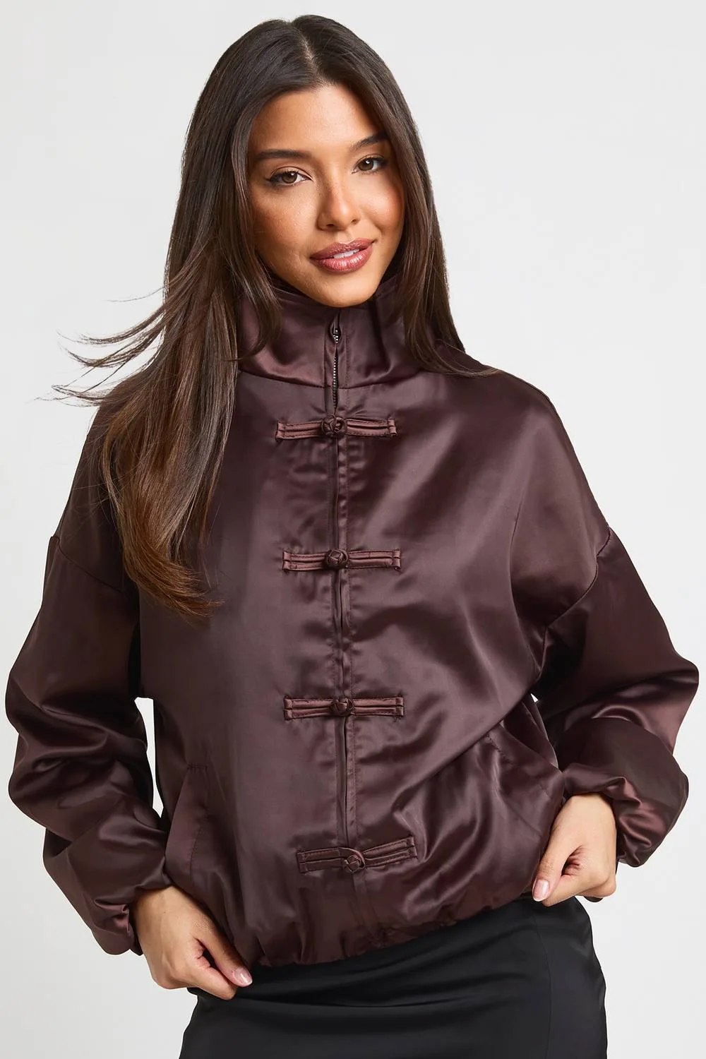 Satin Button Detail Bomber Jacket by boohoo