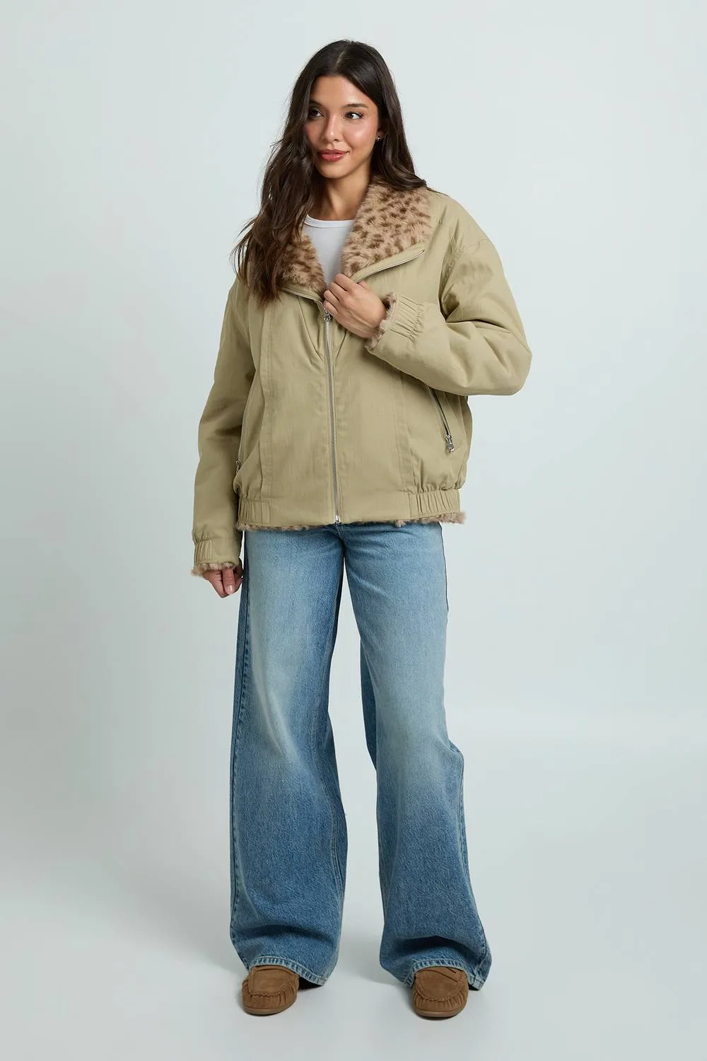 Leopard Faux Fur Trim Oversized Bomber Jacket