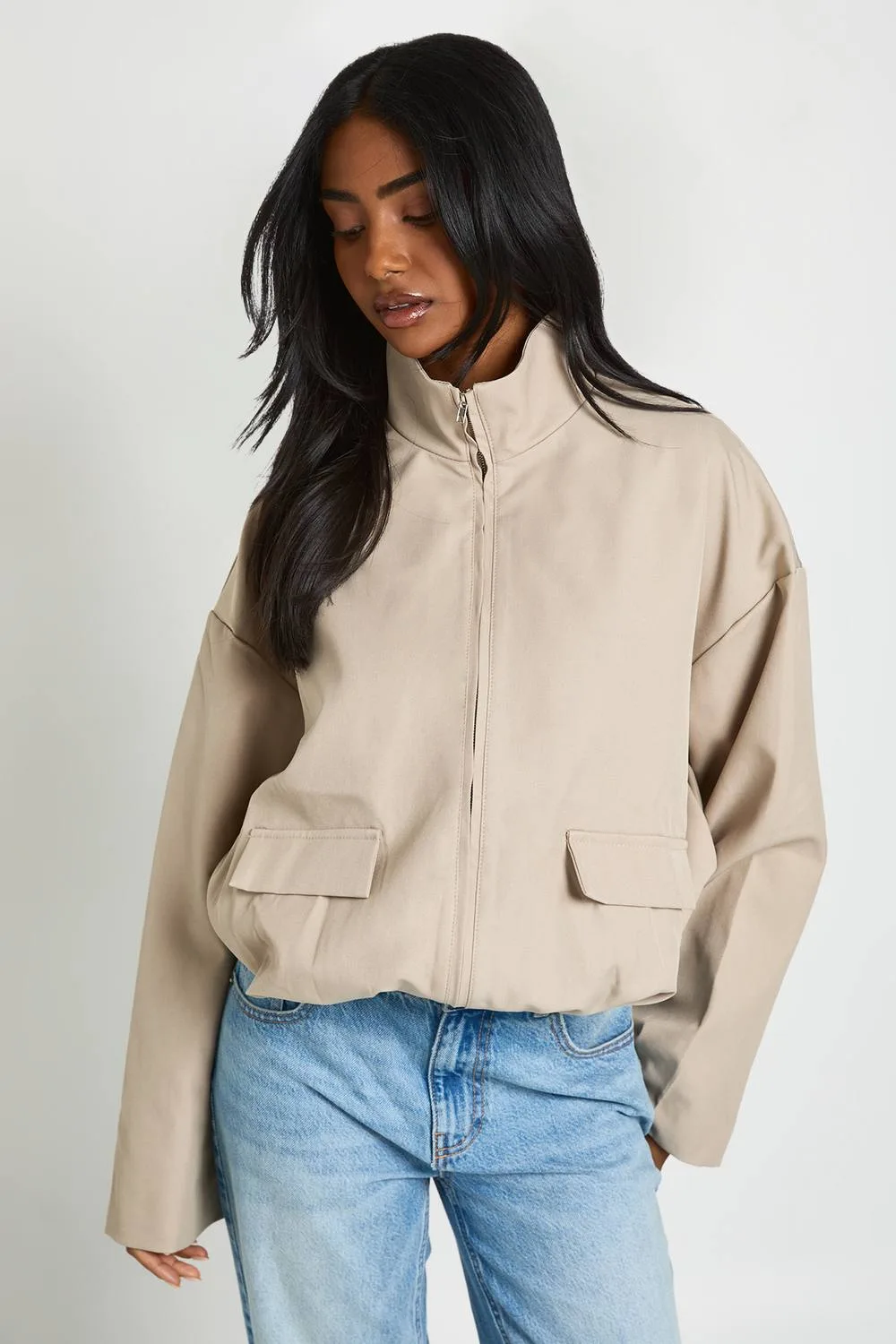 Funnel Neck Pleat Detail Tailored Bomber Jacket by boohoo