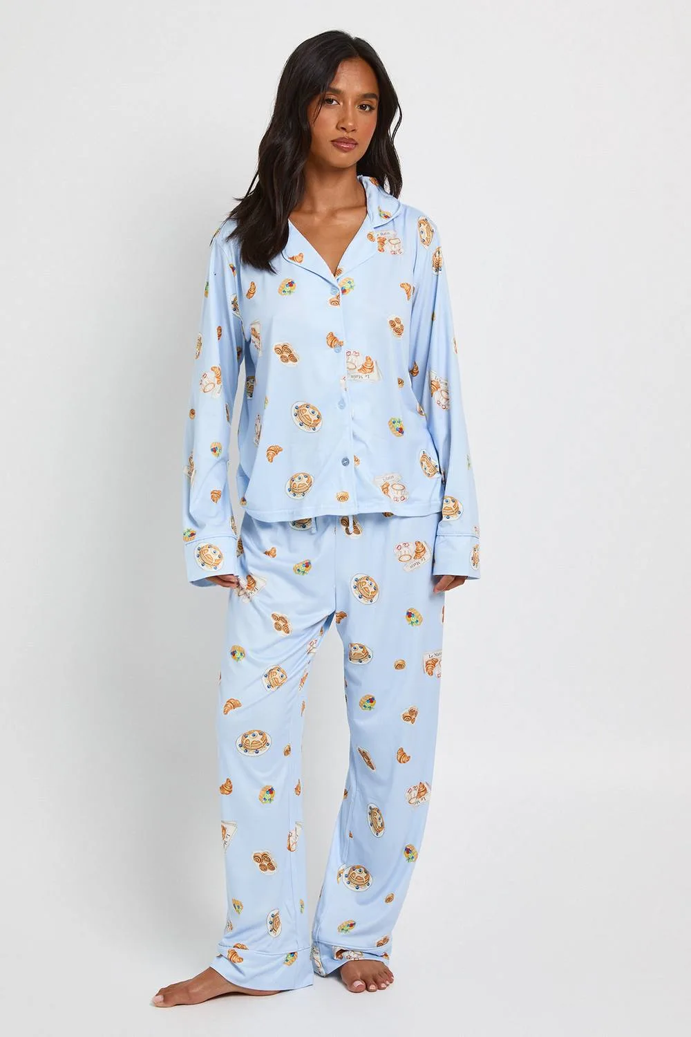Breakfast Print Piping Detail Long Sleeve & Trouser Pyjama Set by boohoo