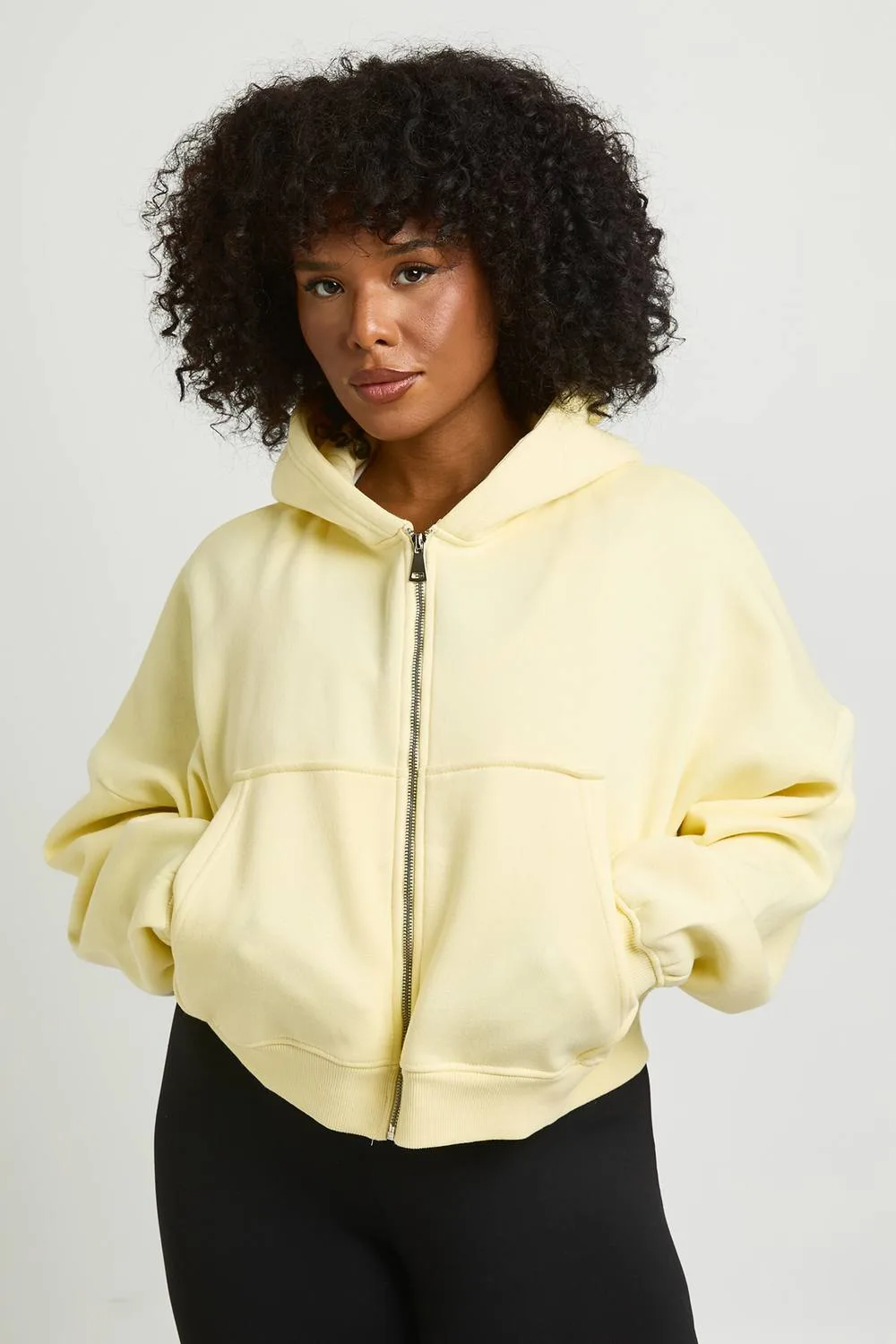 Core Basic Boxy Balloon Sleeve Oversized Zip Through Hoodie