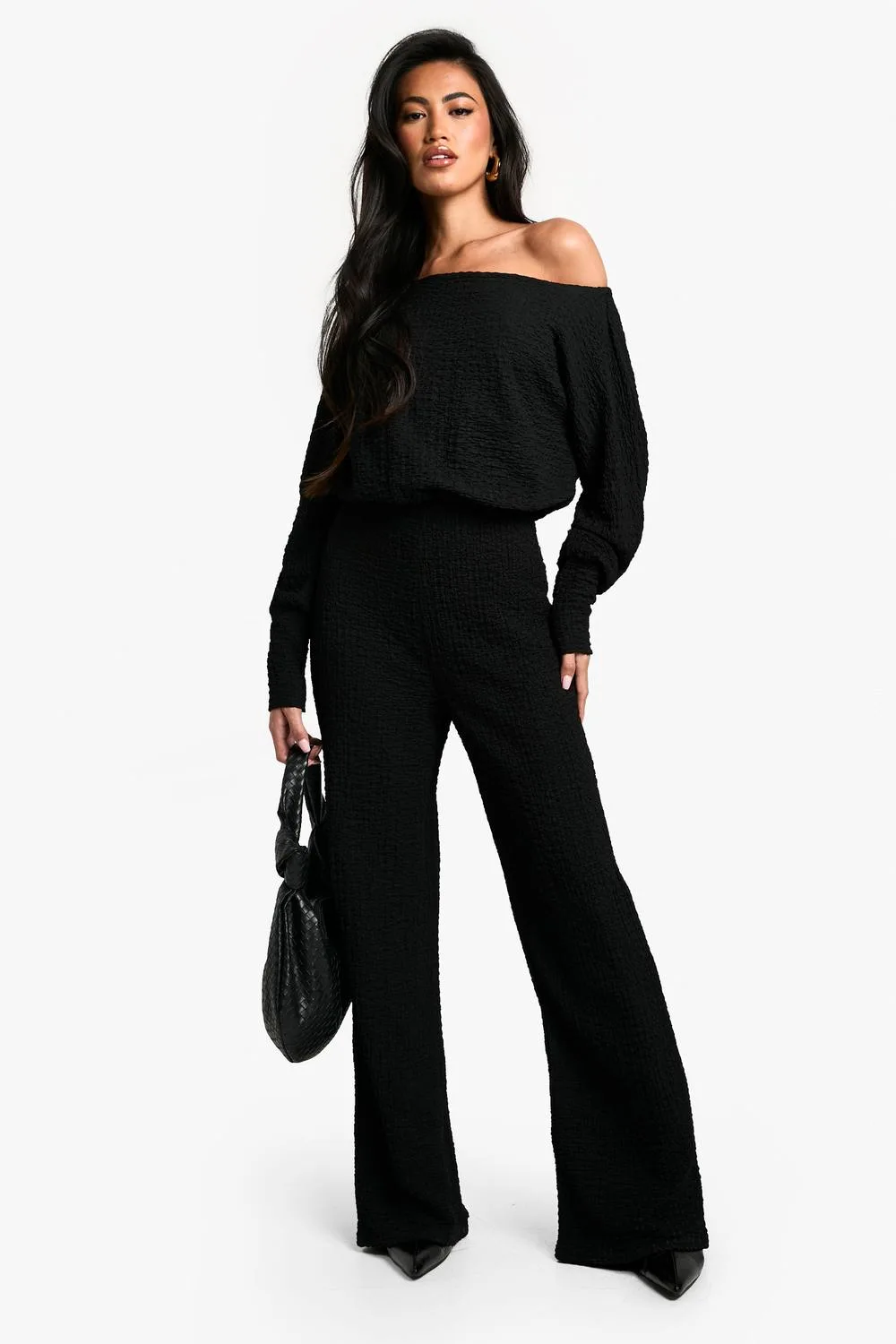 Cold Shoulder Wide Leg Textured Jumpsuit
