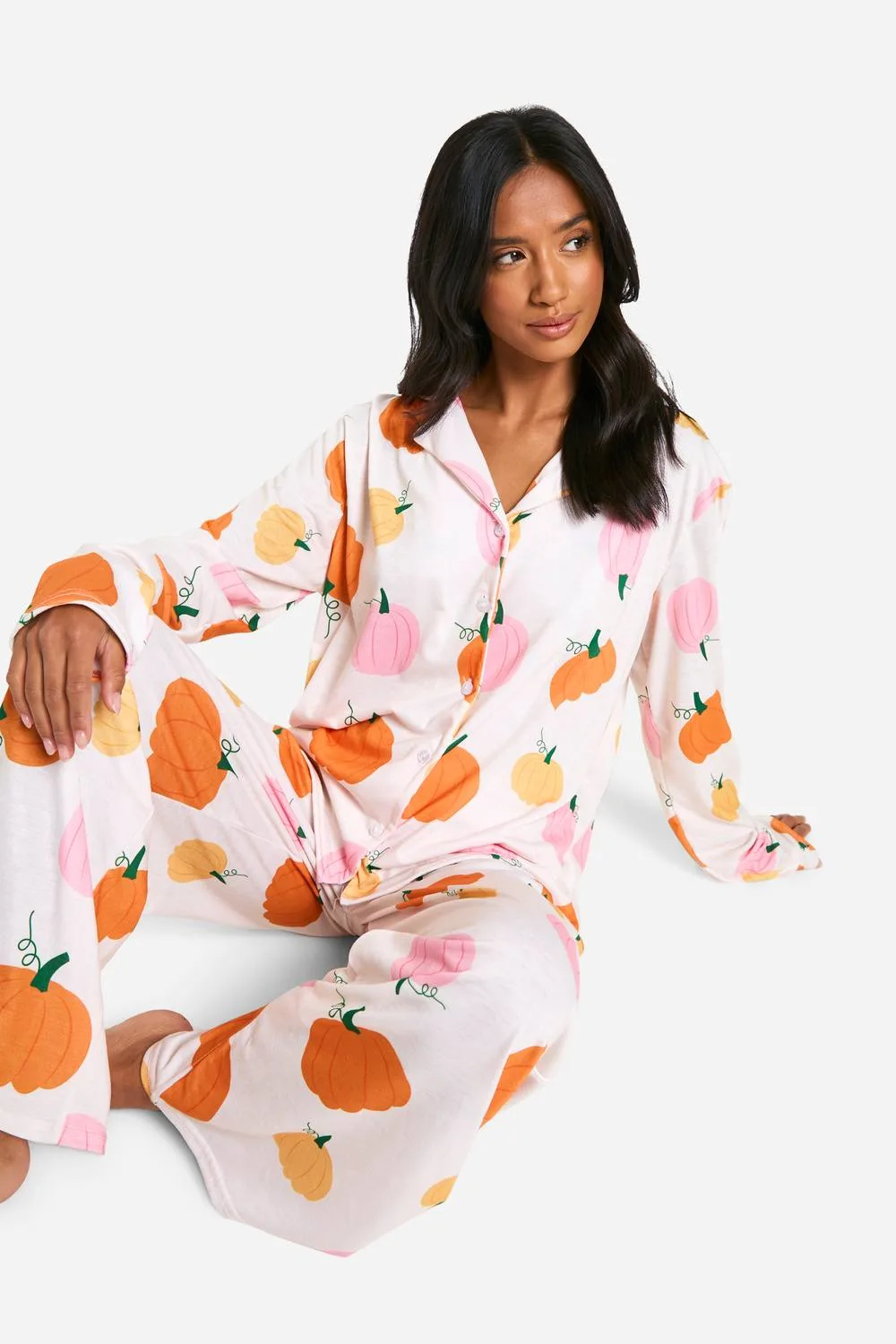 Halloween Pumpkin Print Long Sleeve Shirt & Trousers Pyjama Set by boohoo