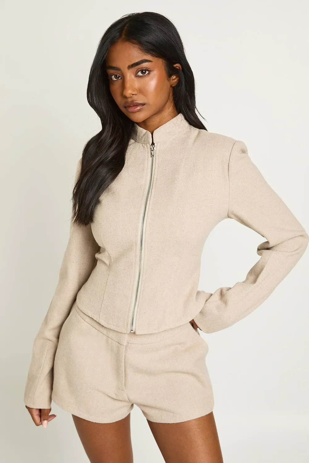 Herringbone Tailored Mini Shorts by boohoo
