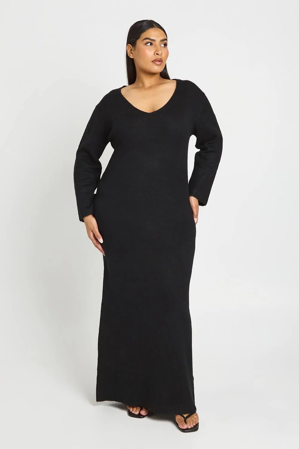 V Neck Long Sleeve Knitted Maxi Dress