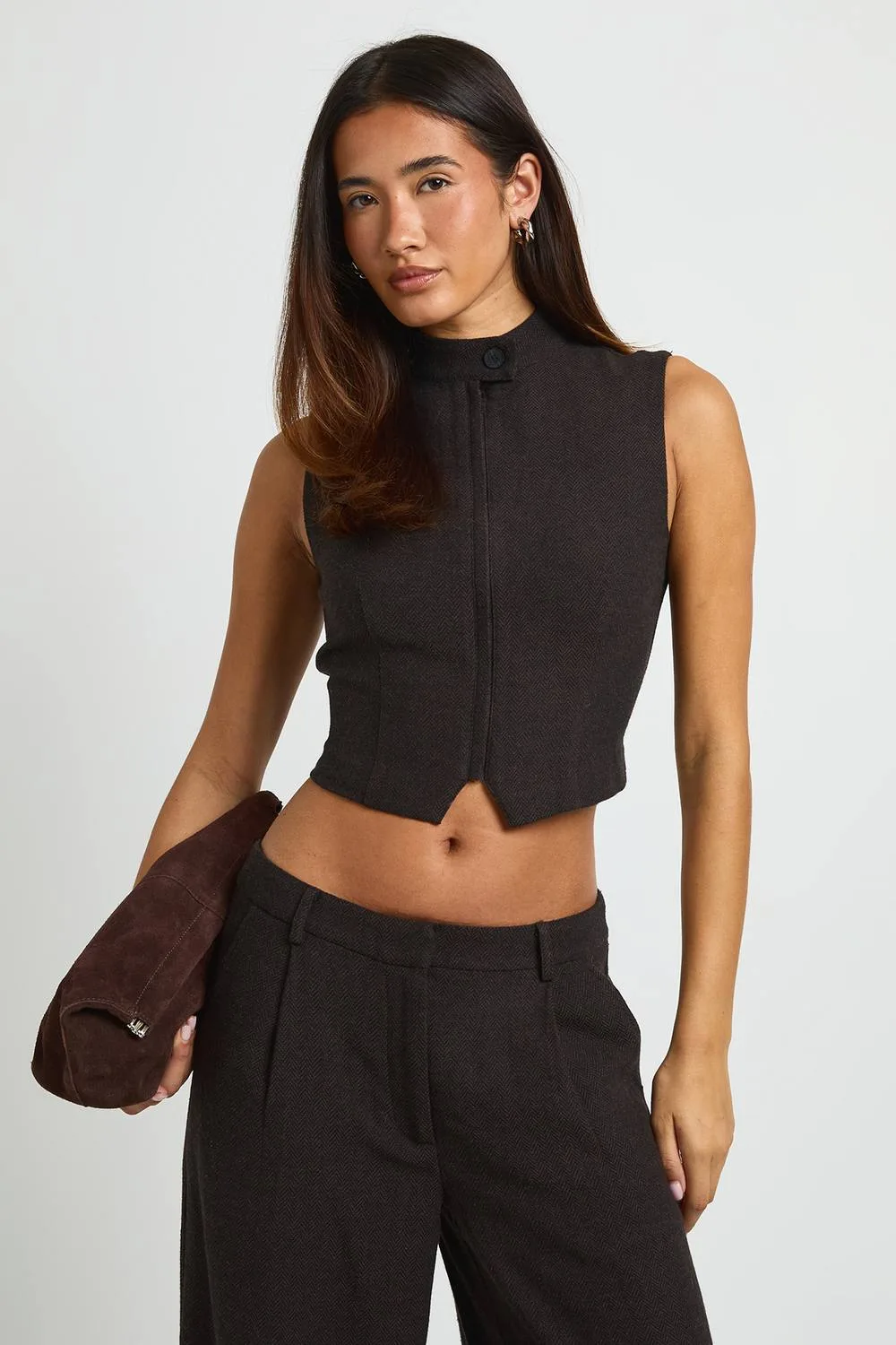Herringbone Sleeveless Zip Through Tailored Top by boohoo